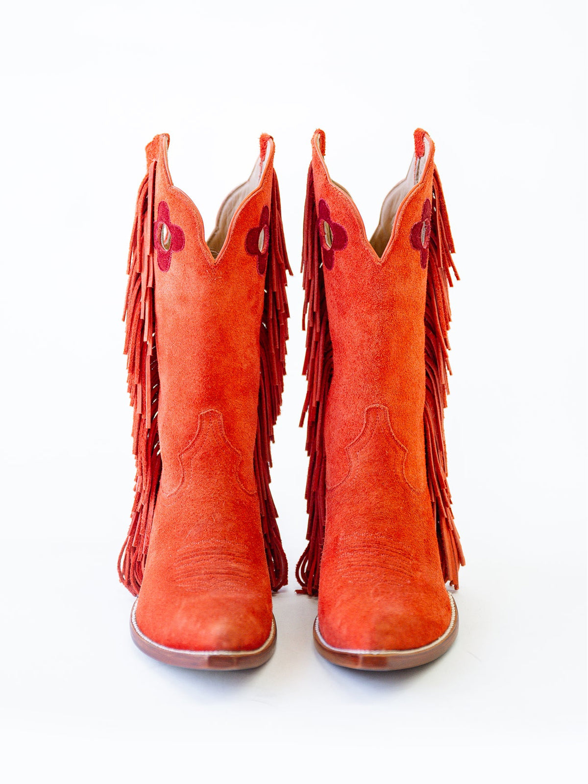 Red Pointed-Toe Side Fringes And Cutout Mid Calf Cowgirl Boots