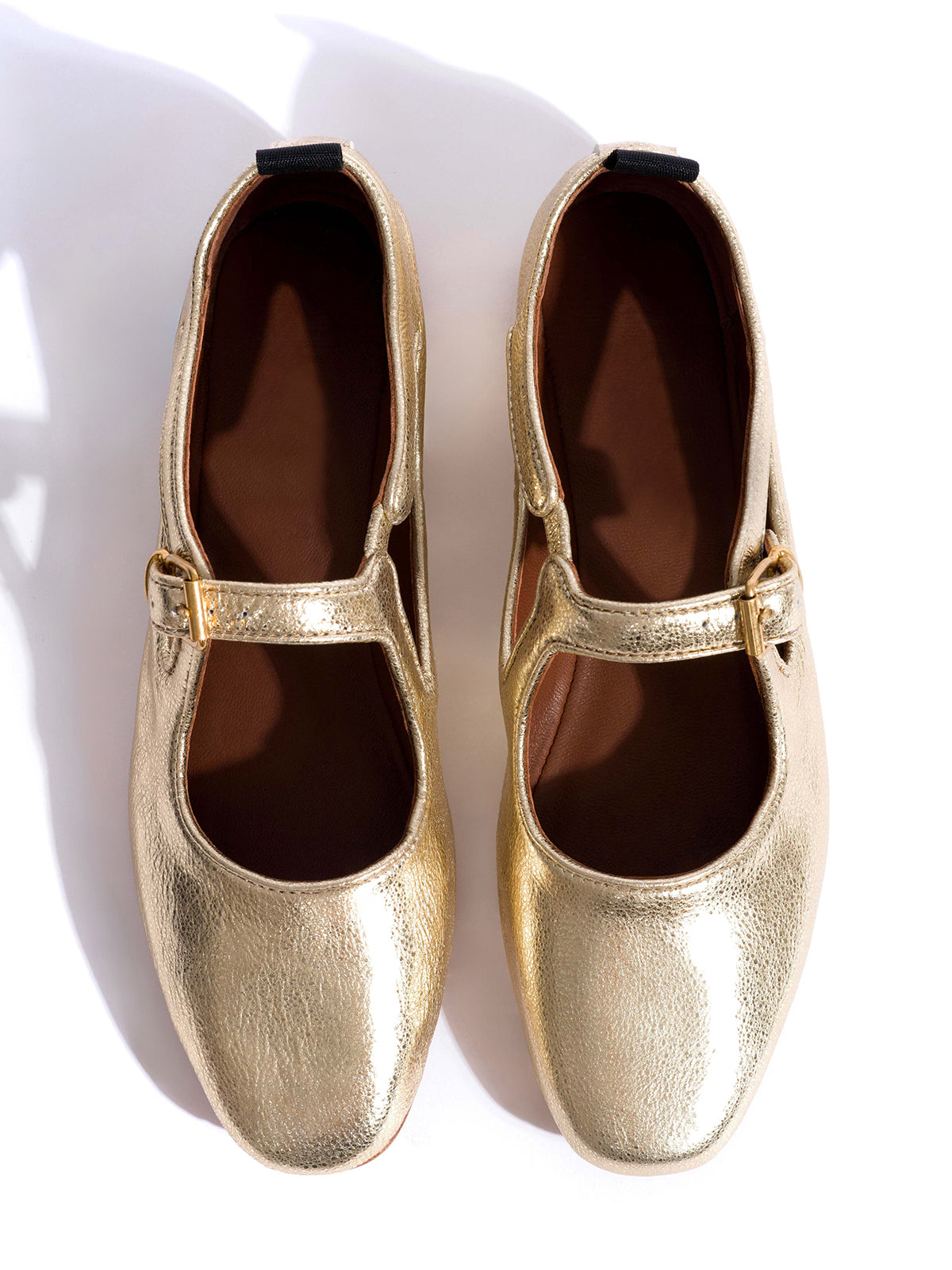 Square-Toe Buckle Strap Chic Flats - Metallic Gold
