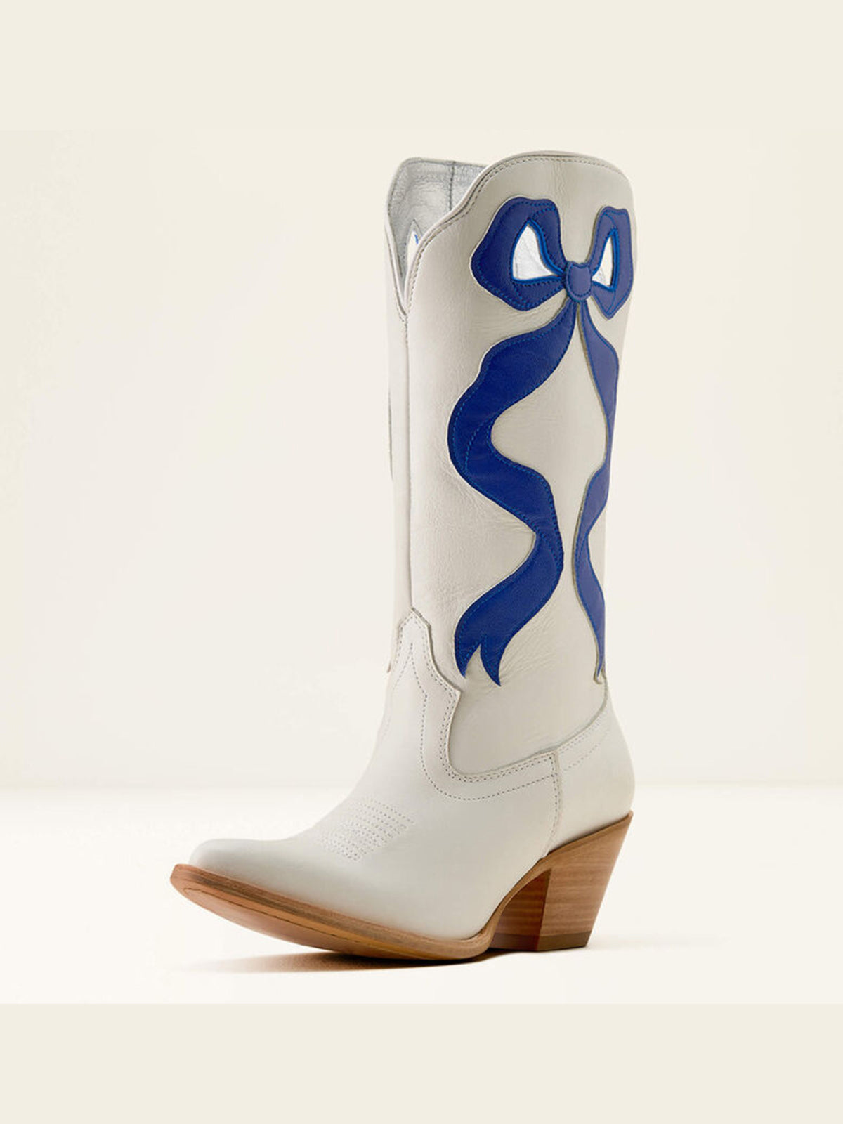 Ivory Almond-Toe Blue Side Big Bow Applique Mid Calf Cowgirl Boots