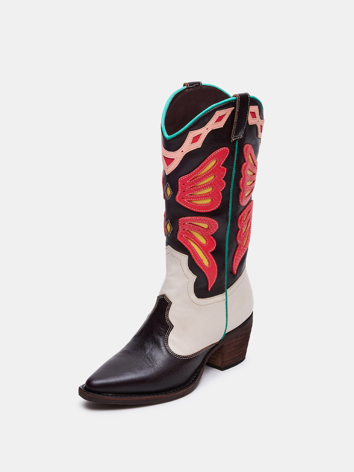 Contrast Tri-Color Crocodile Print Pointed-Toe Butterfly Inlay Mid Calf Cowgirl Boots