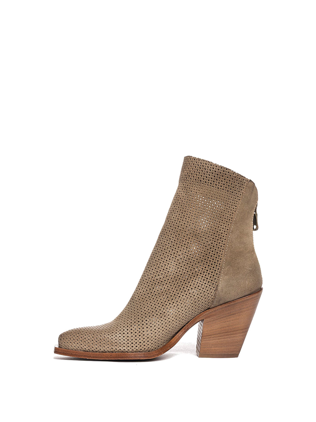 Dove Gray Faux Suede Snip-Toe Perforated Back Full-Zip Ankle Cowgirl Boots