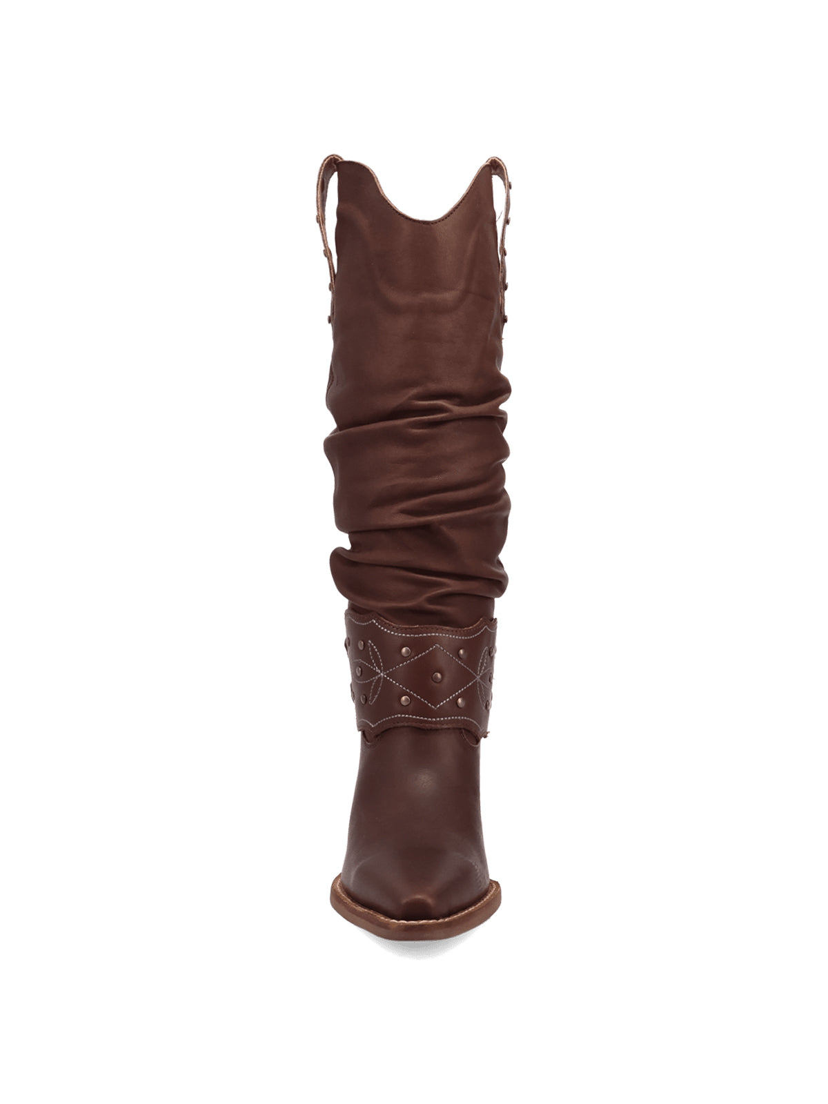 Brown Snip-Toe Slouchy And Double Studded Straps Wide Calf Knee High Cowgirl Boots