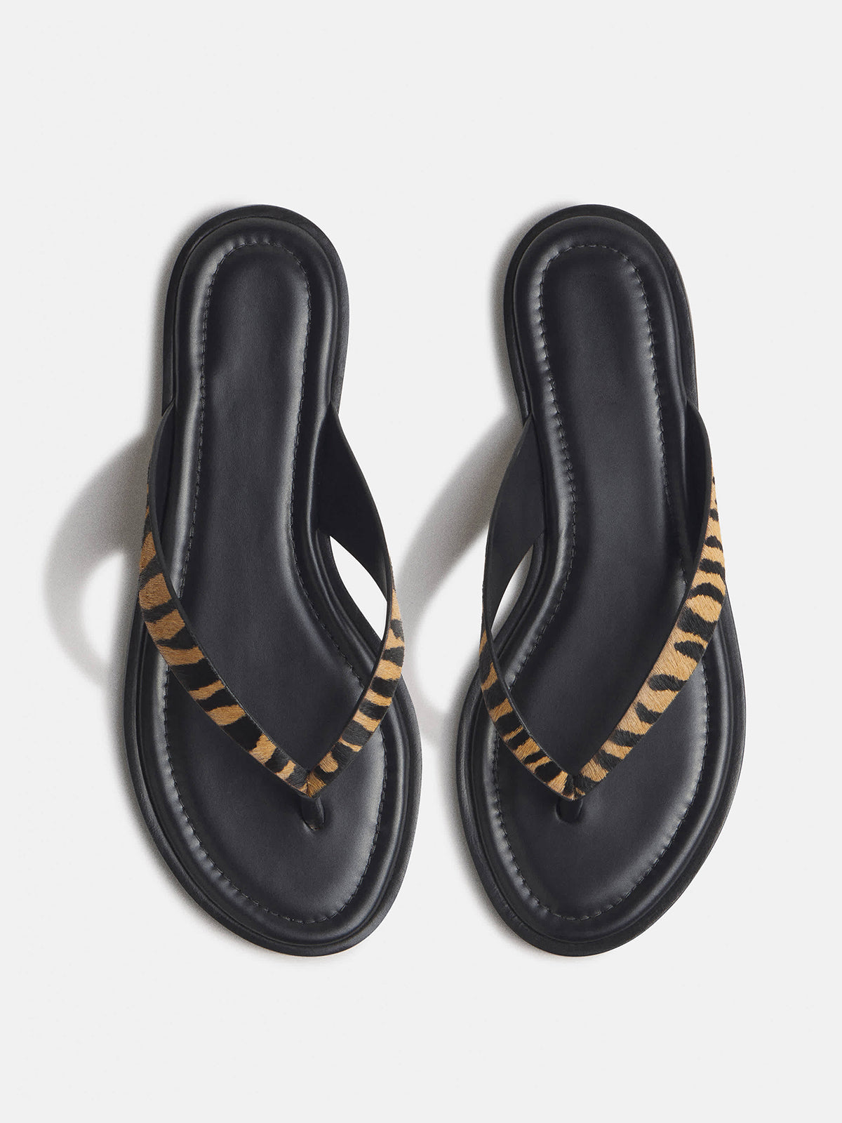 Zebra Pattern Pony Hair Vegan Leather Round-Toe Flip-Flop Slip-On Flats Sandals