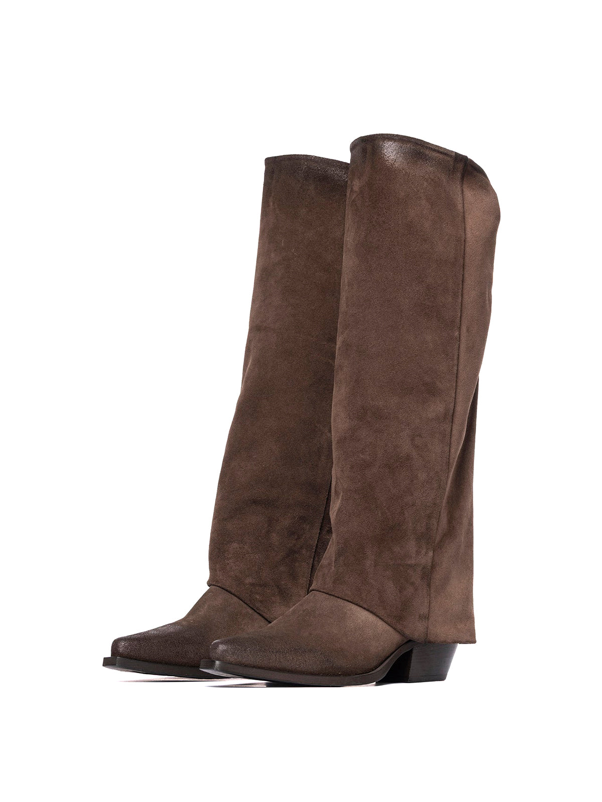 Brown Faux Suede Snip-Toe Fold-Over Back Studs Wide Calf Knee High Cowgirl Boots