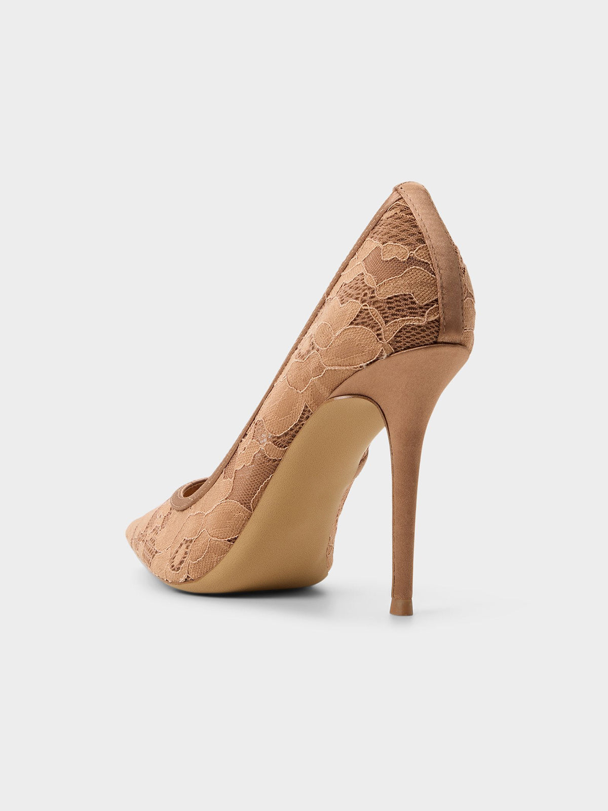 Brown Lace Mesh And Satin Pointed-Toe Slip-On Pumps High Heels
