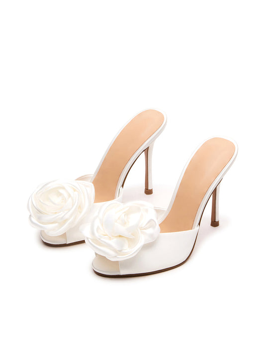 White Satin Round-Toe Backless High Heels With A Large Flower