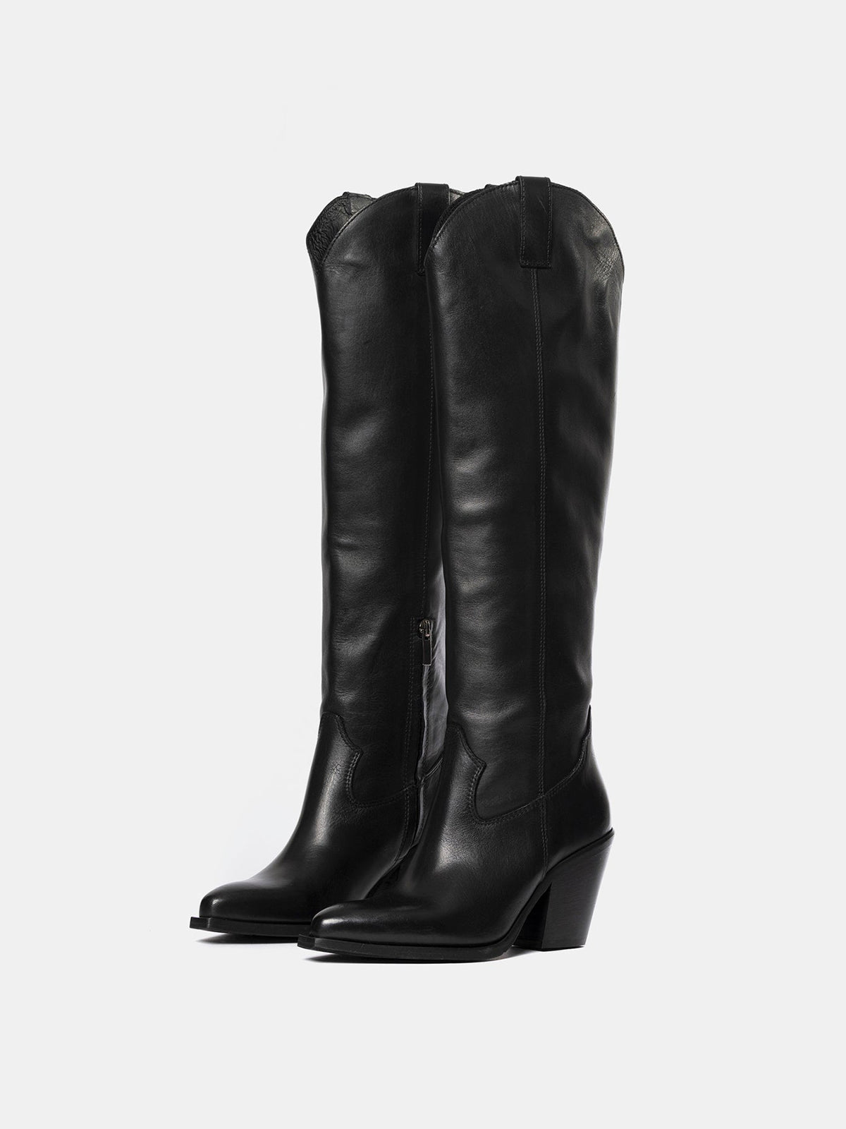 Black Classic Snip-Toe Simple Half-Zip Knee High Tall Cowgirl Boots