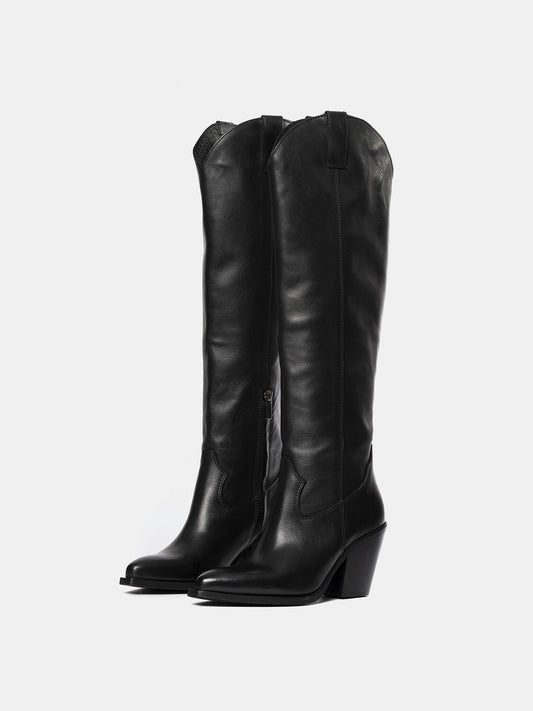 Black Classic Snip-Toe Simple Half-Zip Knee High Tall Cowgirl Boots