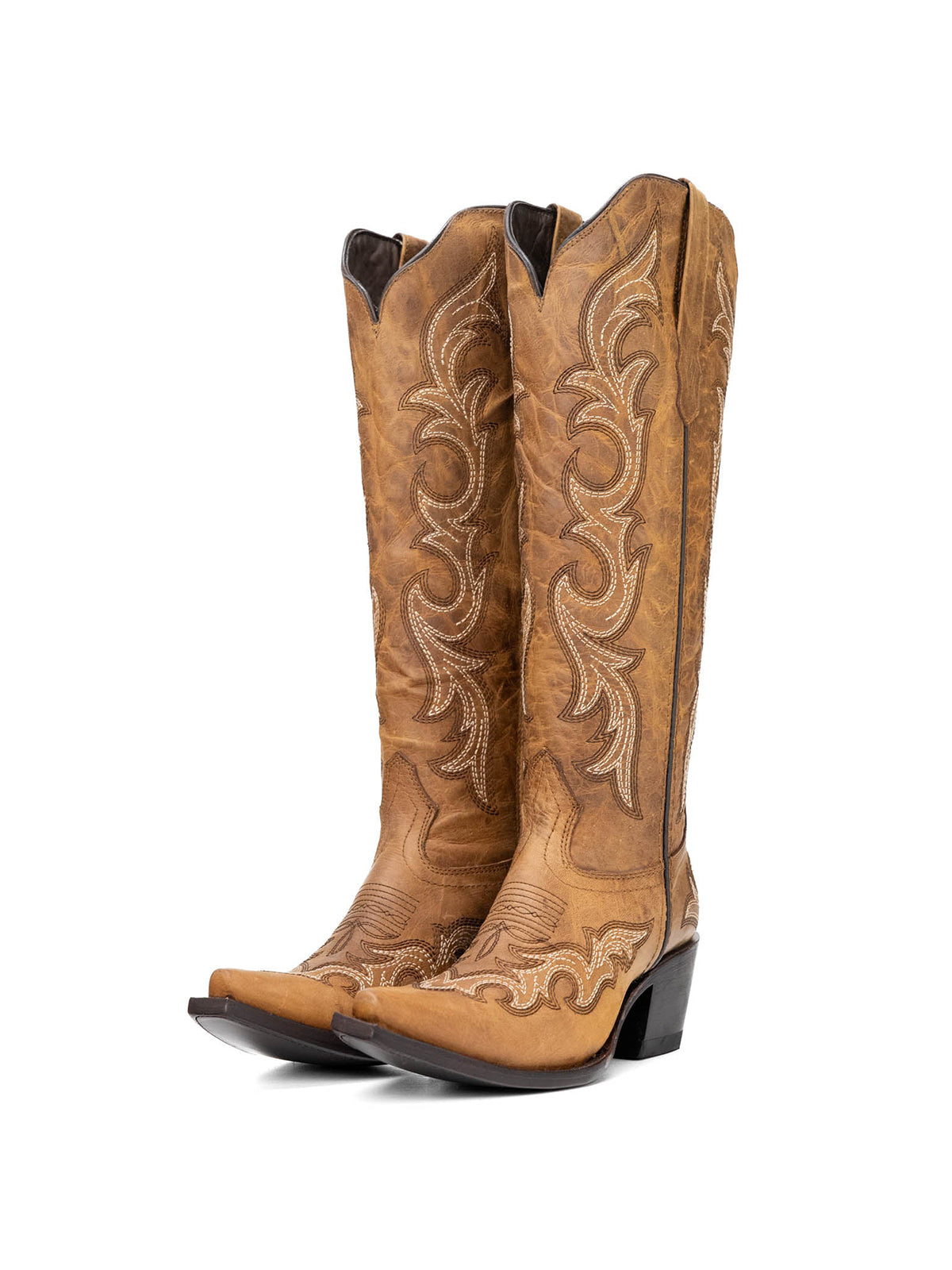 Snip-Toe Chic Embroidery Half-Zip Knee High Cowgirl Boots For Woman - Distressed Tan