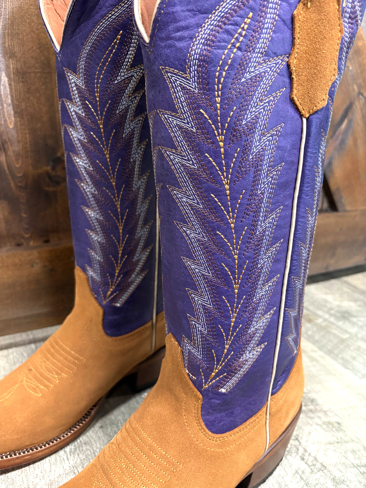 Contrast Brown And Purple Square-Toe Classic Embroidery Wide Calf Knee High Cowgirl Boots