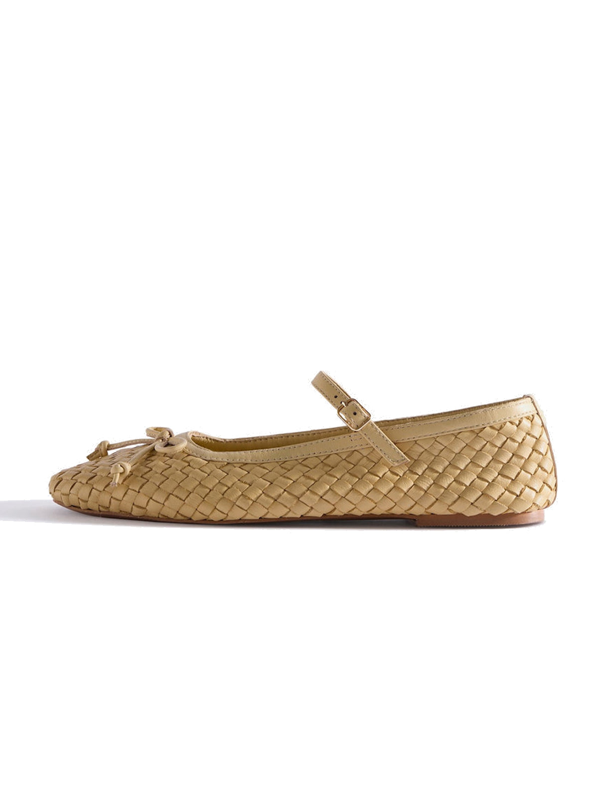 Yellow Woven Vegan Leather Square-Toe Front Bow And Mary Jane Flats
