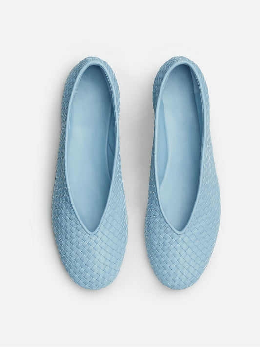 Blue Vegan Leather Woven Round-Toe V-Cut Vamp Flats