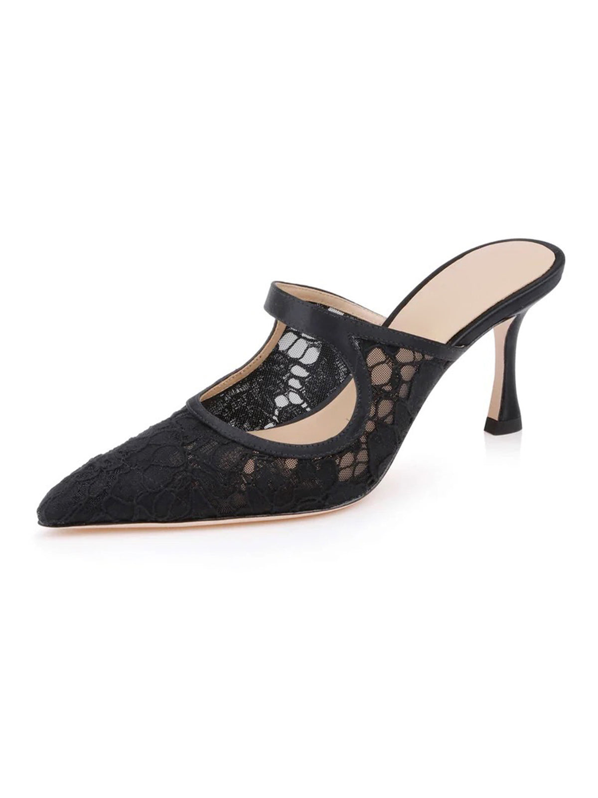 Black Lace Mesh And Satin Pointed-Toe Mary Jane Slip-On High Heels