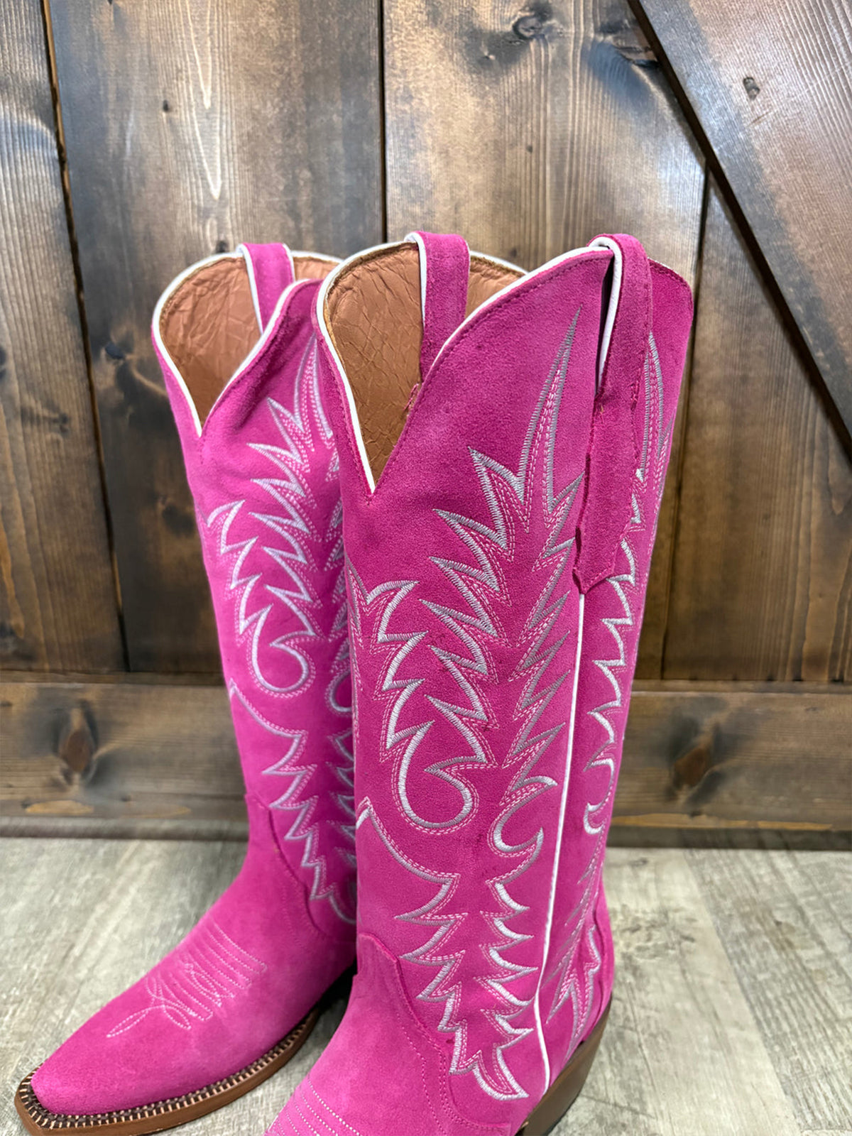 Pink Faux Suede Snip-Toe Classic Embroidery Wide Calf Knee High Cowgirl Boots