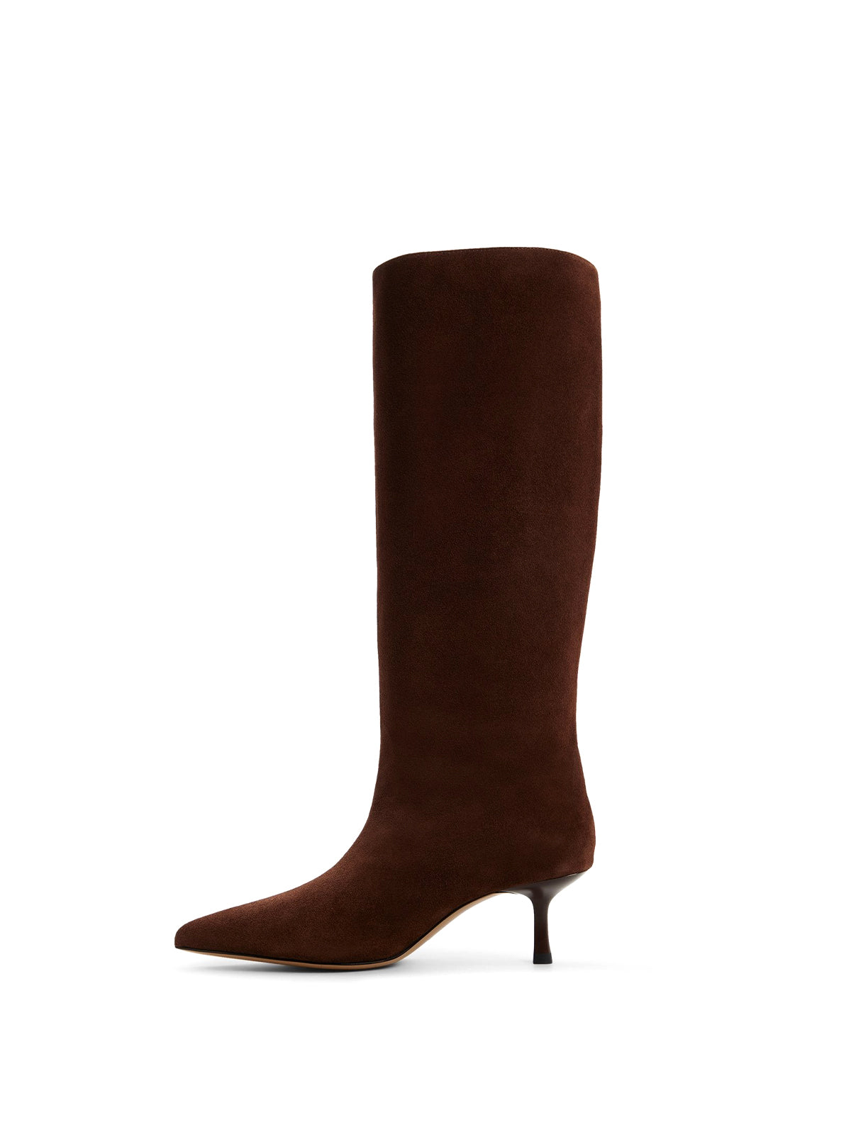 Dark Brown Faux Suede Pointed-Toe Wide Calf Knee High Stiletto Boots