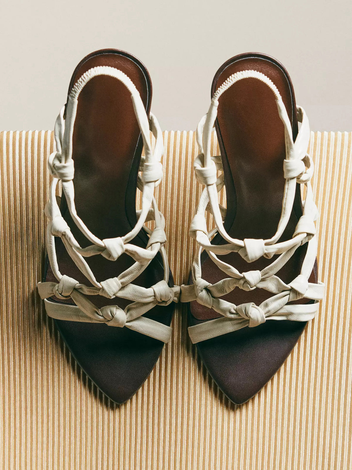 Cream Woven Vegan Leather Pointed-Toe Caged Detail High Heels