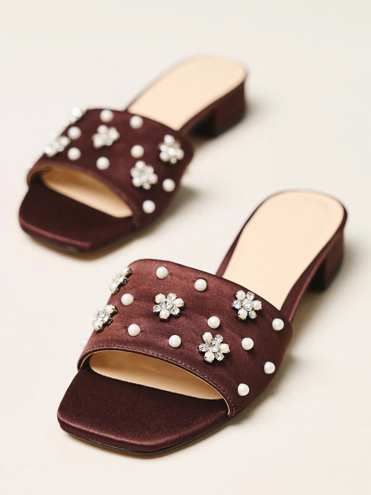 Brown Satin Square-Toe Pearl And Rhinestones Flower Applique Slide Sandals Flats