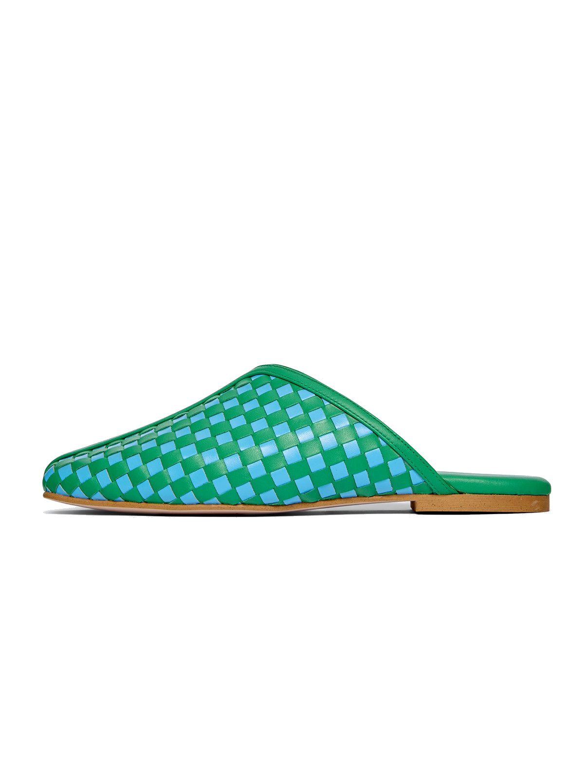 Green And Blue Woven Vegan Leather Square-Toe Simple Backless Slide Flats