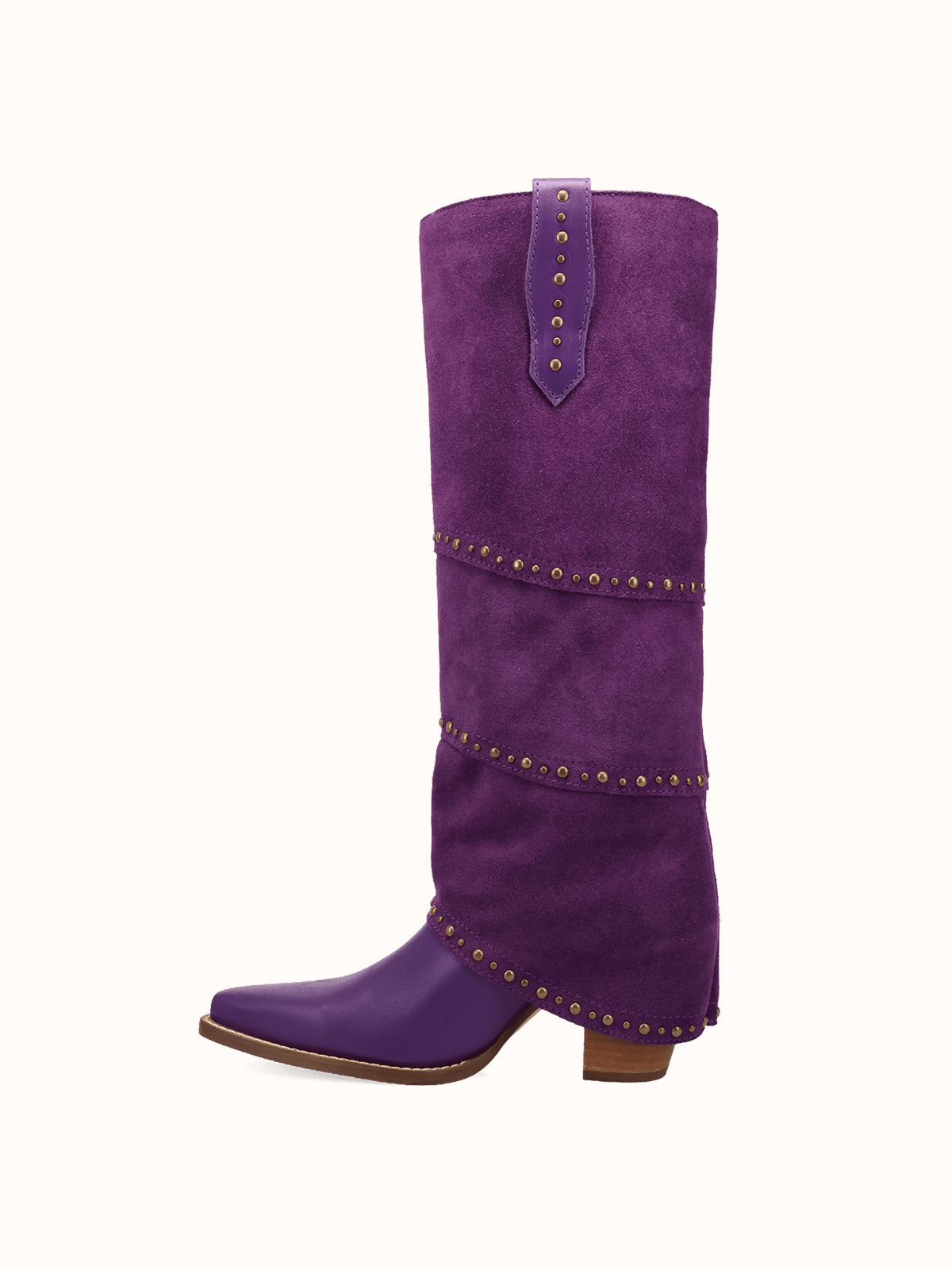 Purple Snip-Toe Faux Suede Fold-Over With Studs Wide Calf Knee High Cowgirl Boots