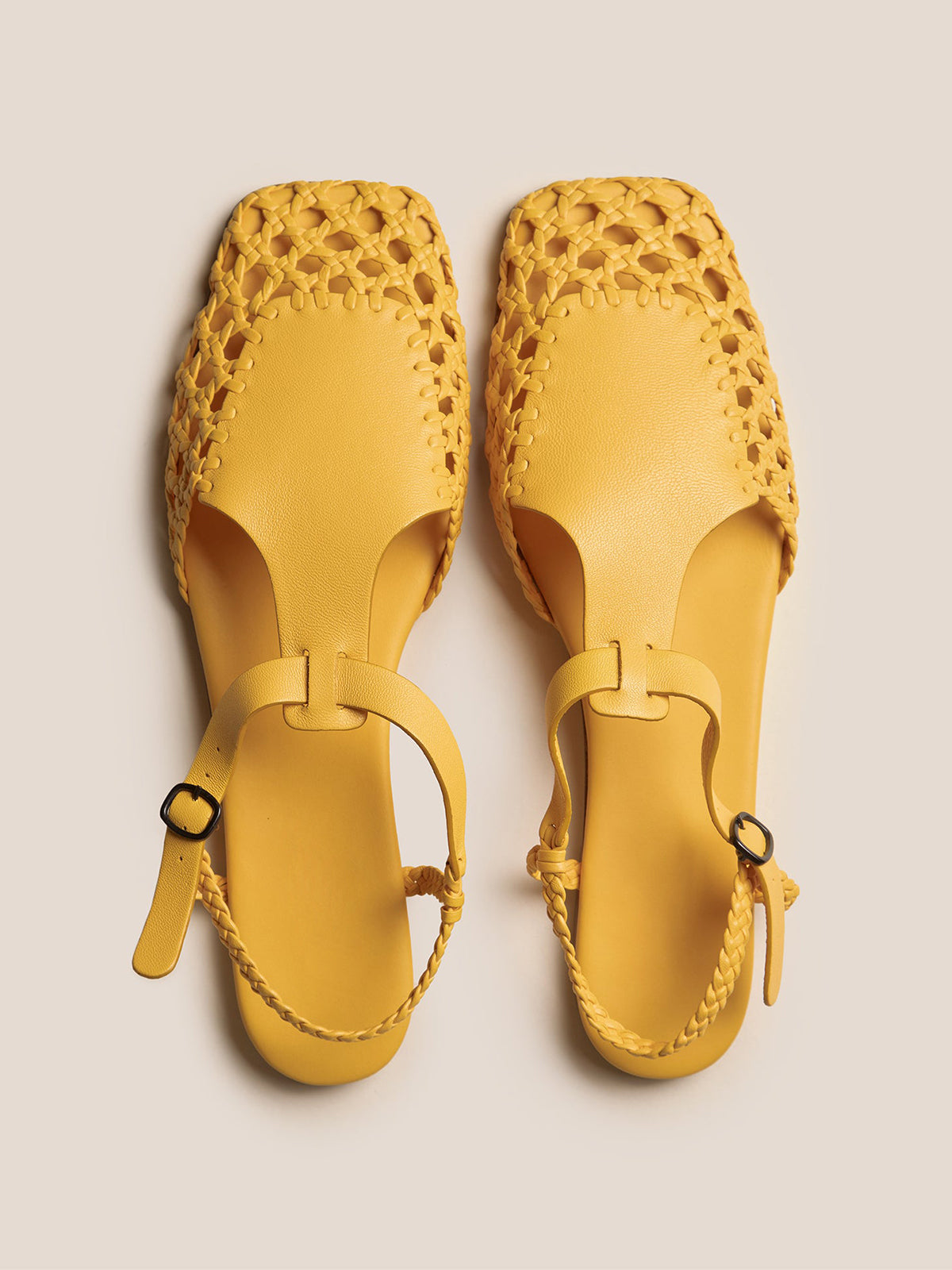 Yellow Woven Vegan Leather Square-Toe Ankle Strap Chic Flats