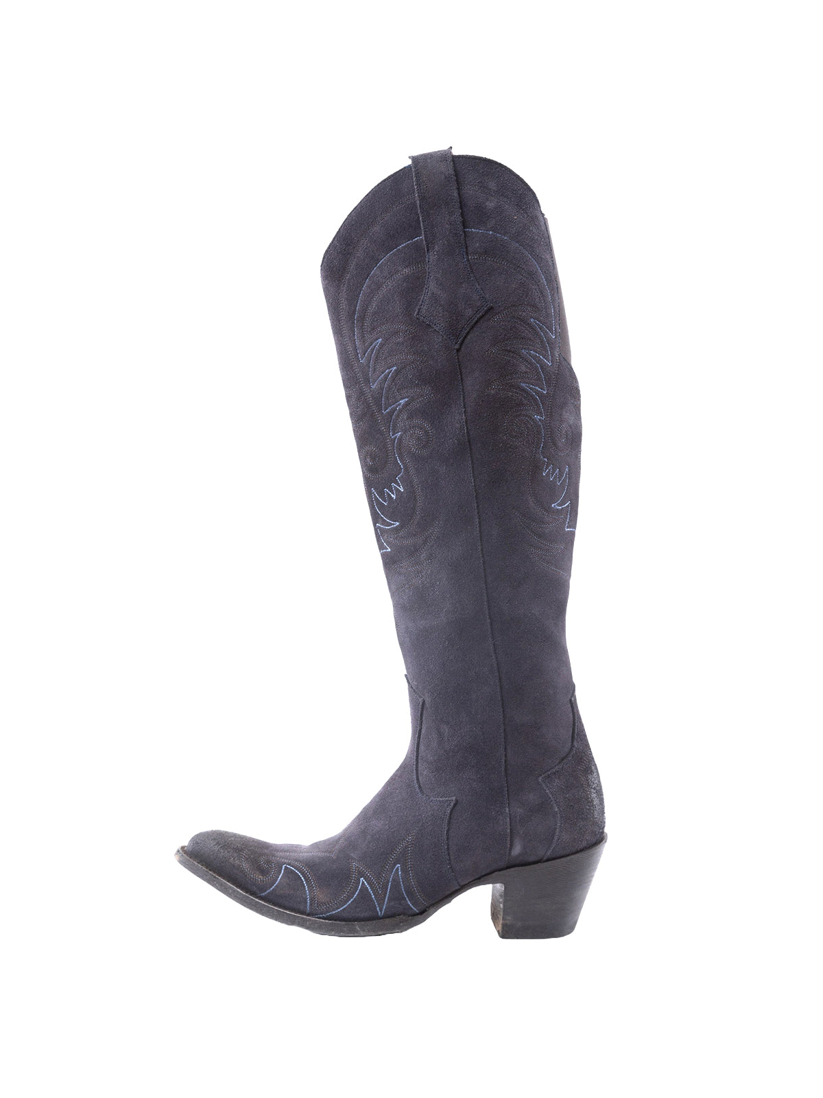 Side-Zip Pointed-Toe Chic Embroidery Wide Calf Knee High Cowgirl Boots - Navy