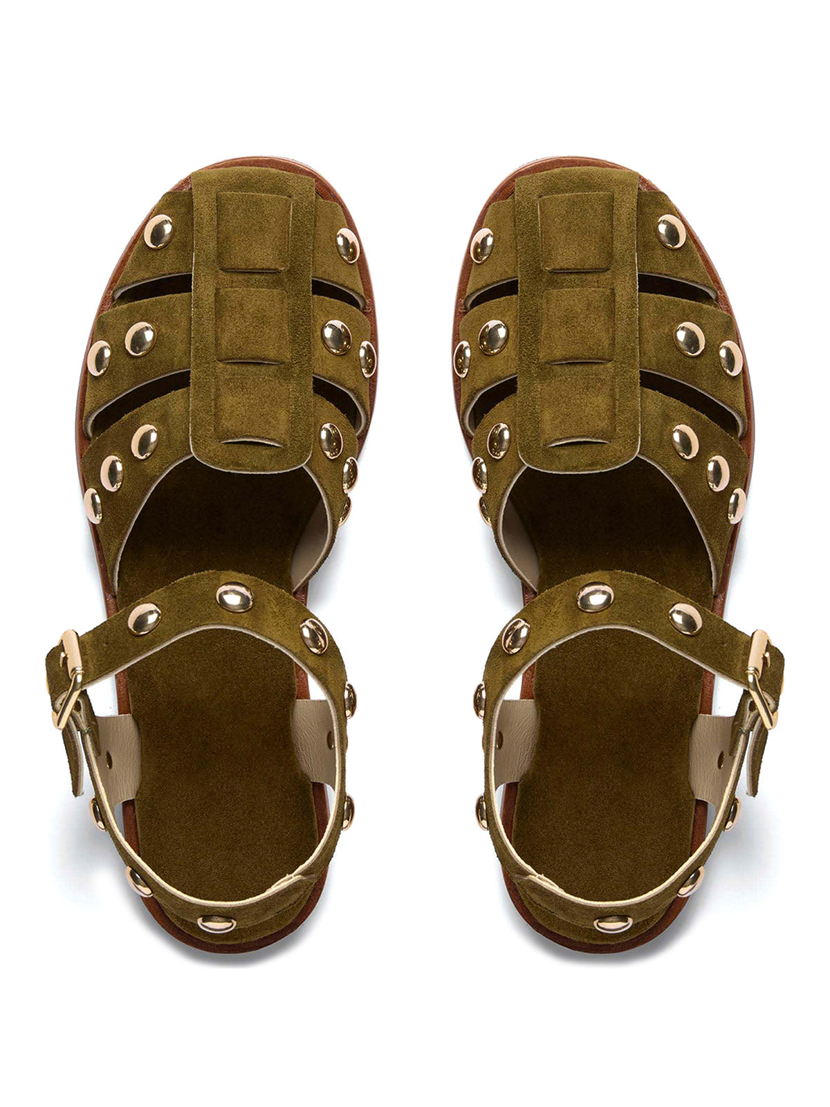 Olive Green Faux Suede Round-Toe Fisherman Studs Sandals Flats