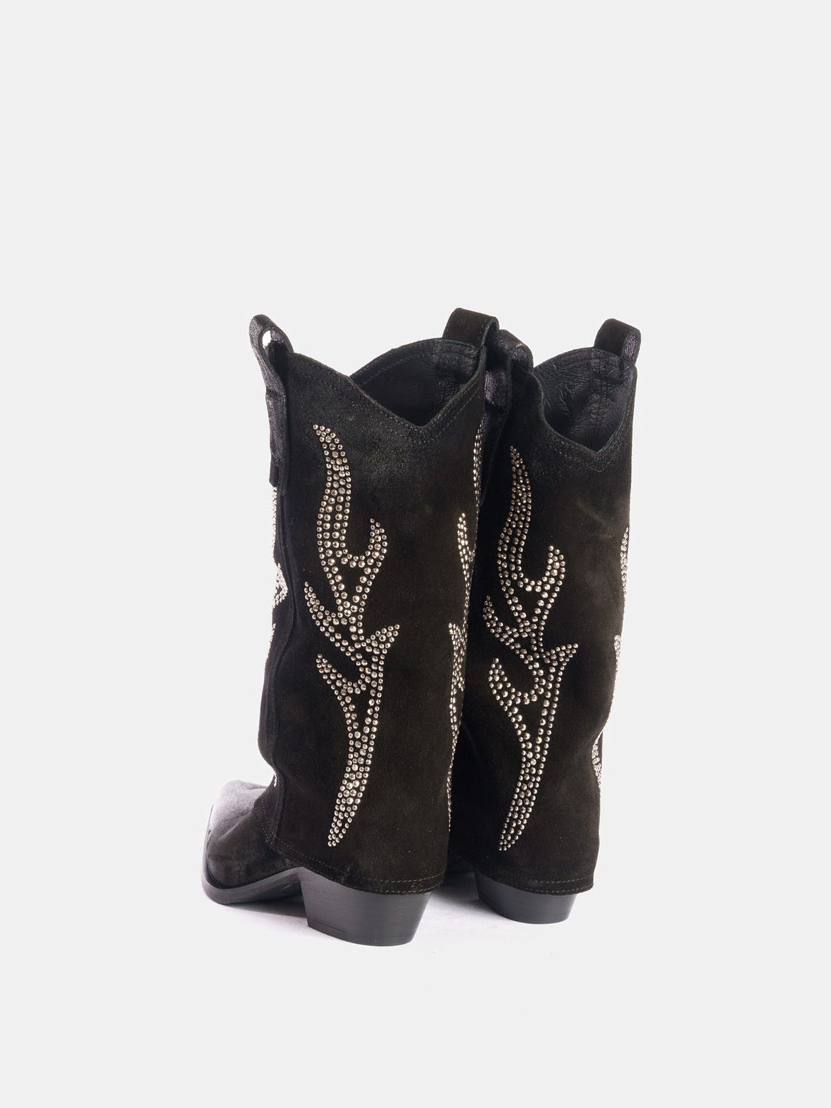 Black Faux Suede Snip-Toe Studded Fold-Over Mid Calf Cowgirl Boots