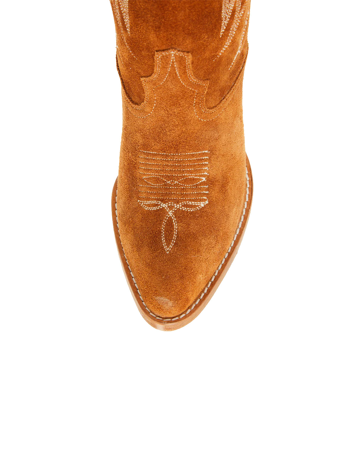 Faux Suede Wings Embroidery Pointed-Toe Mid Calf Cowgirl Boots - Cognac