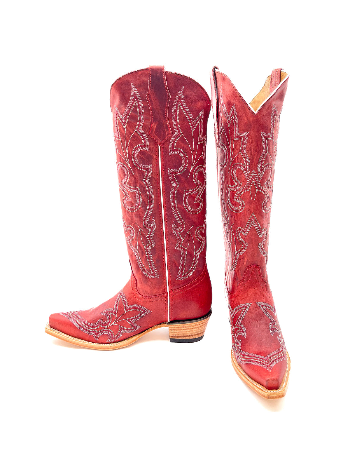 Distressed Red Snip-Toe Classic Embroidery Wide Calf Knee High Cowgirl Boots