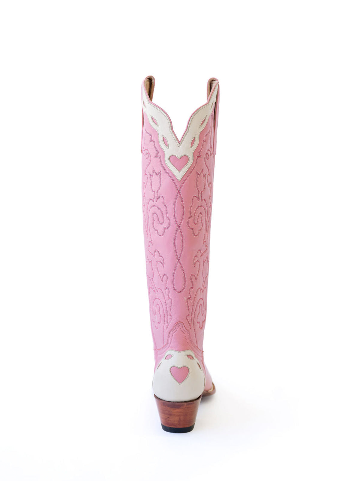 Contrast Pink And Ivory Almond-Toe Embroidery Hearts Inlay Wide Calf Knee High Cowgirl Boots
