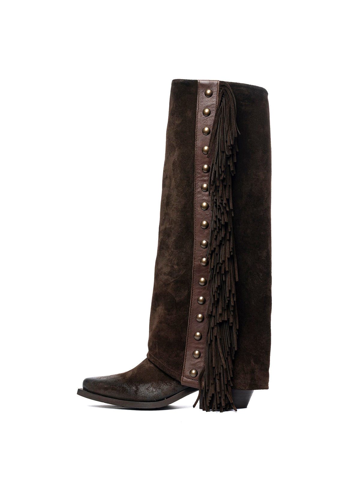 Dark Tobacco Faux Suede Snip-Toe Side Studded Fringe Fold-Over Knee High Cowgirl Boots
