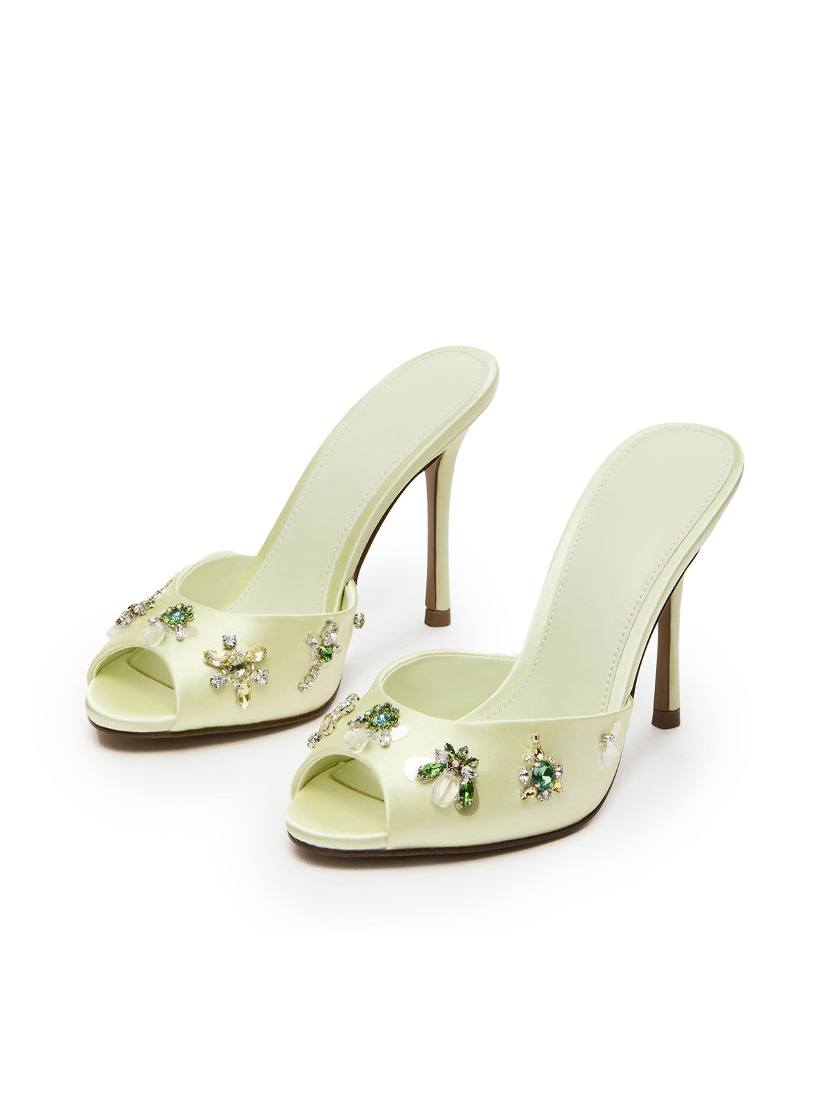 Butter Yellow Elegant Floral Satin Round-Toe Backless High Heels
