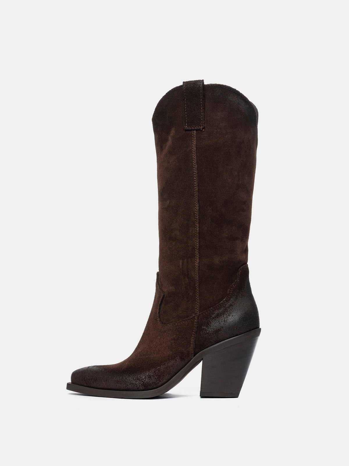Dark Brown Faux Suede Snip-Toe Simple Half-Zip Mid Calf Classic Cowgirl Boots