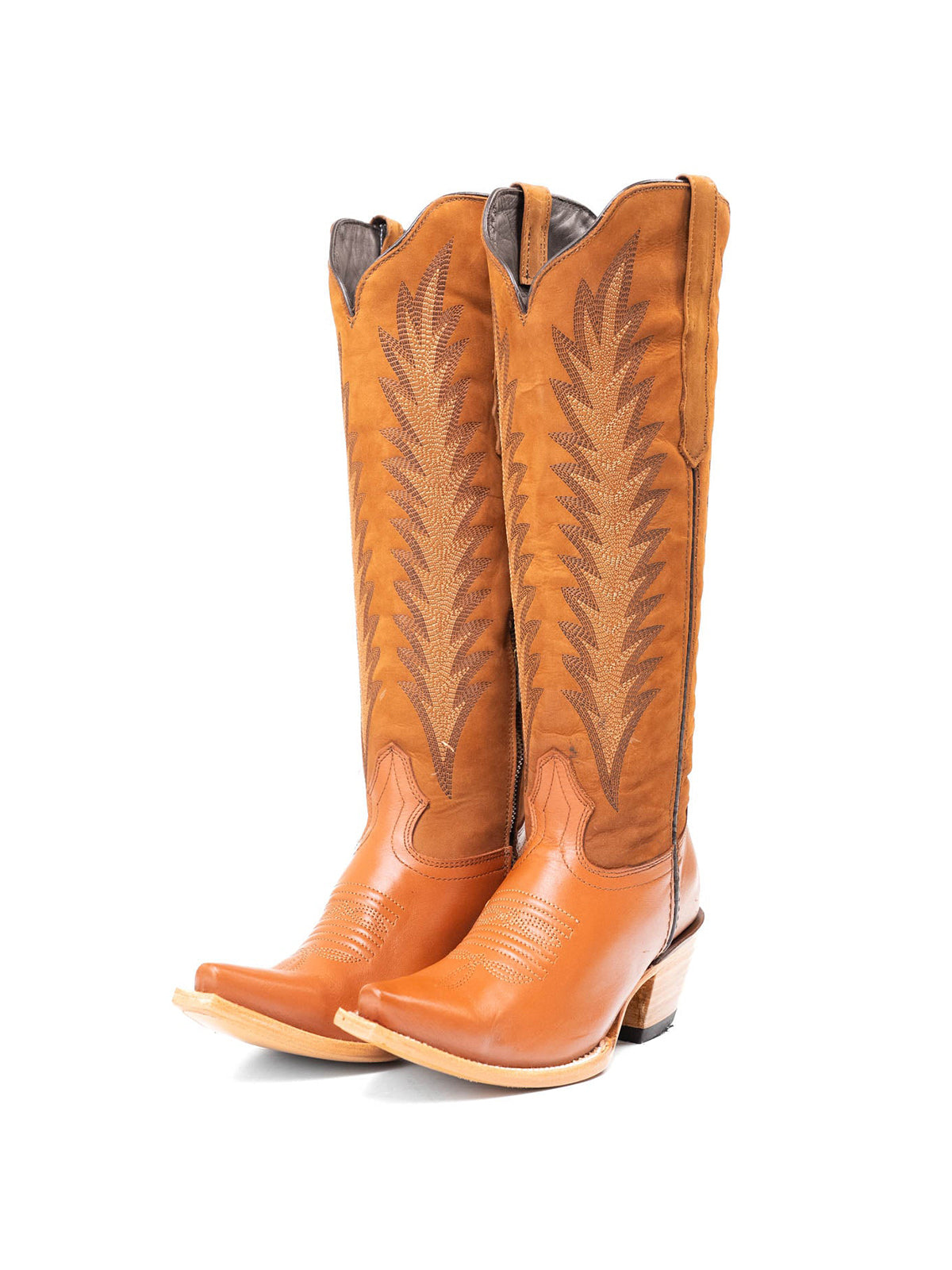 Orange Vegan Leather Snip-Toe Embroidery Half-Zip Knee High Chic Cowgirl Boots