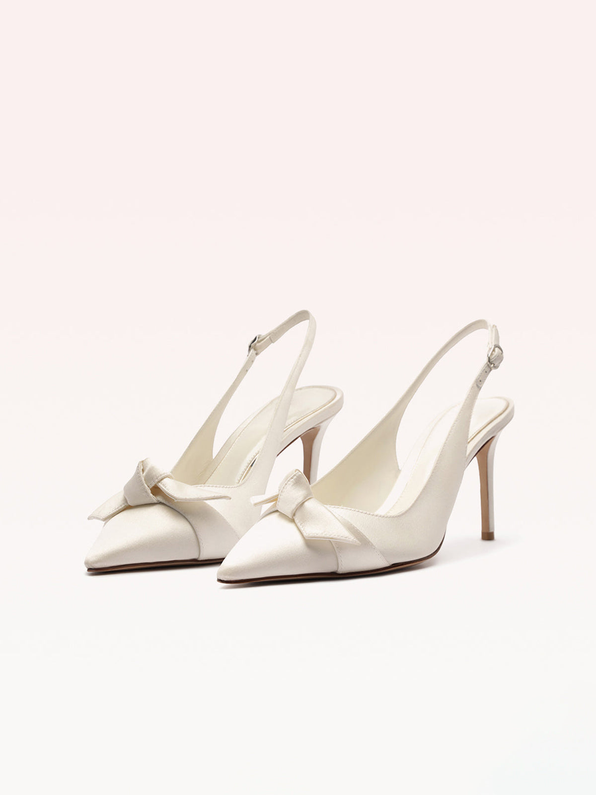 Ivory Satin Pointed-Toe Front Knot Buckle Slingback Kitten Heels