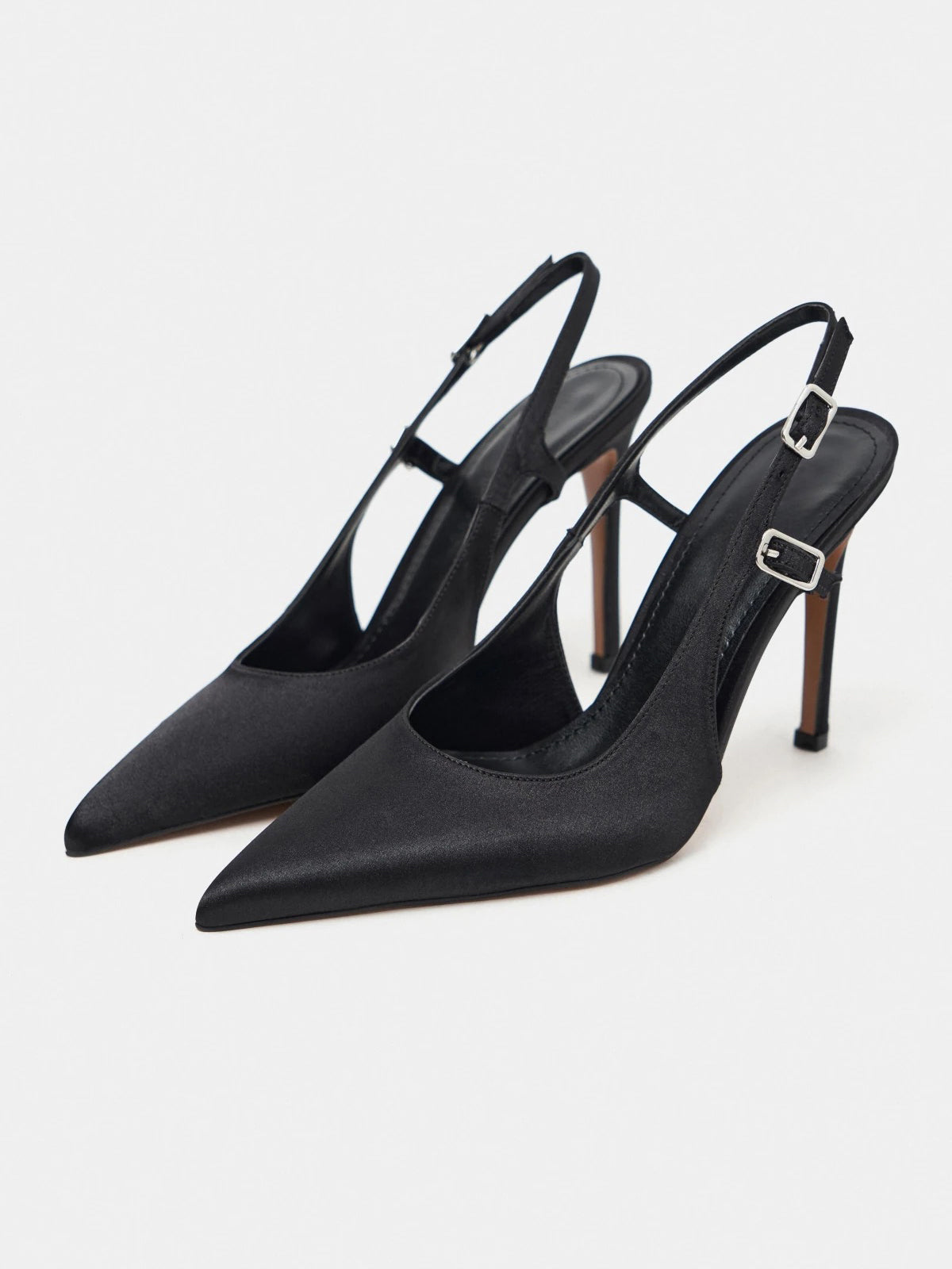 Satin Pointed-Toe Buckle Back Strap Chic High Heels - Black