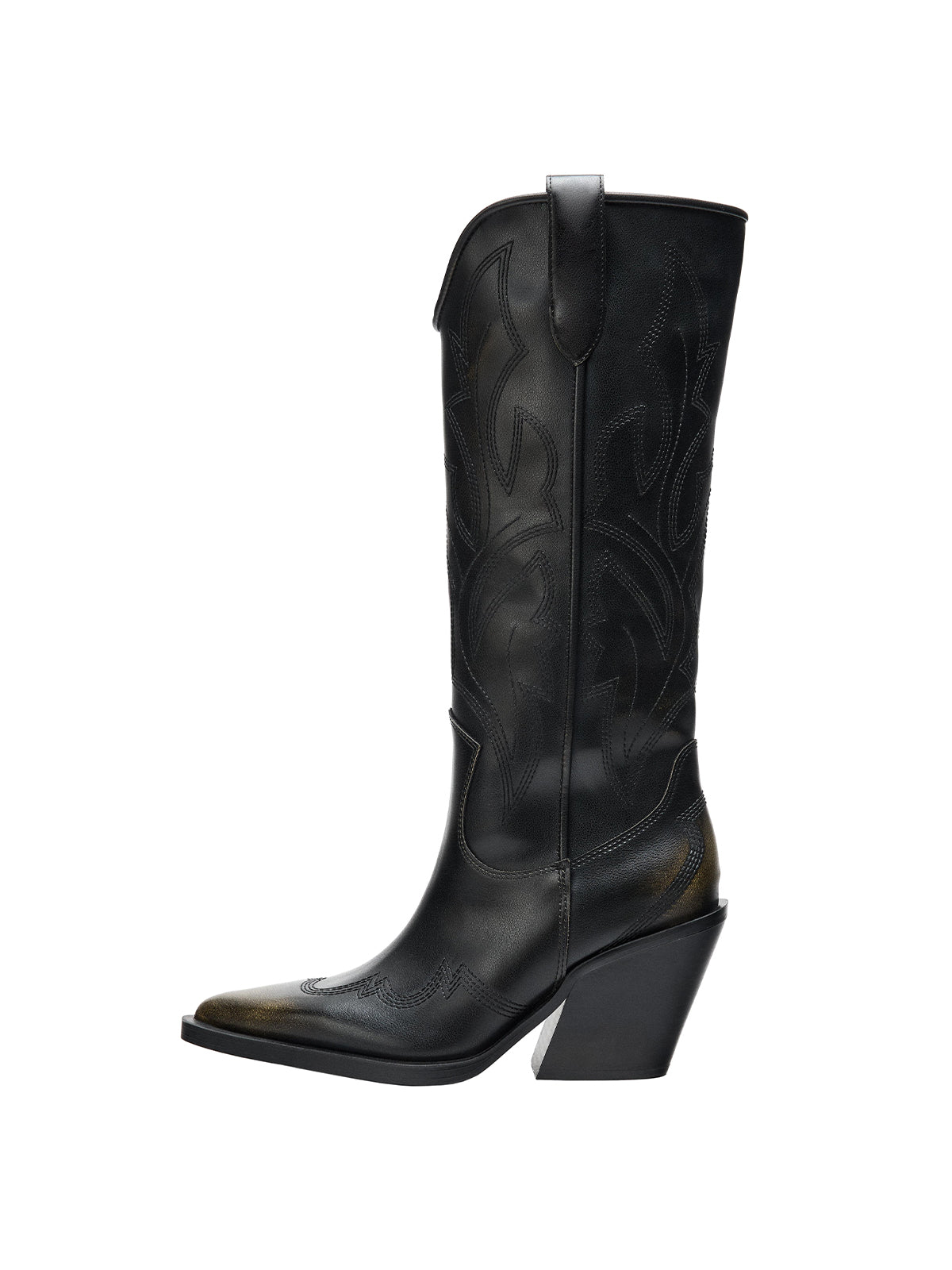 Black Pointed-Toe Classic Embroidery Chic Wide Calf Knee High Cowgirl Boots