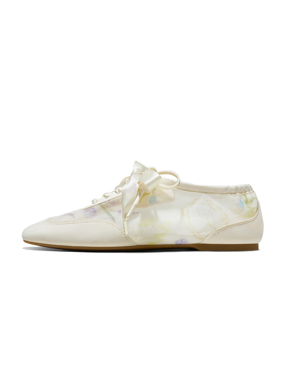 Cream Mesh And Faux Suede Square-Toe Floral Embroidery Lace-Up Flats