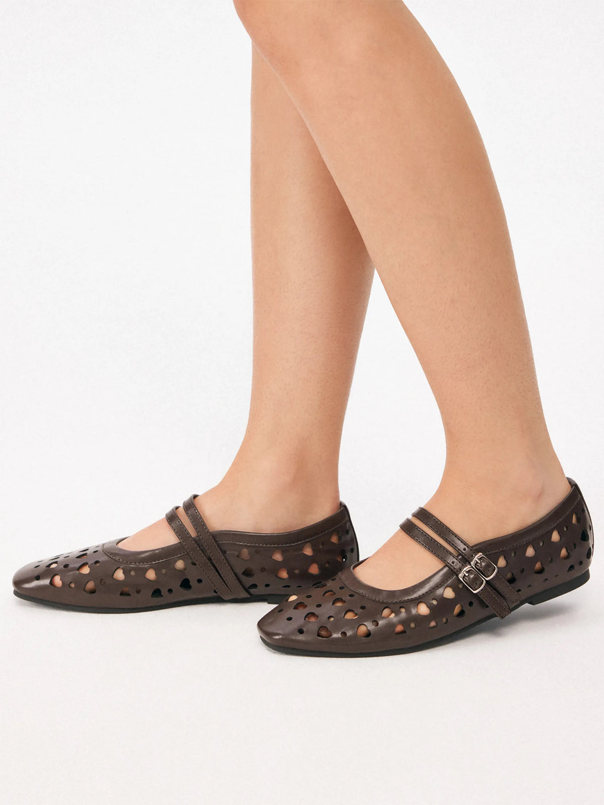 Coffee Square-Toe Heart Cutout Double Mary Jane Flats