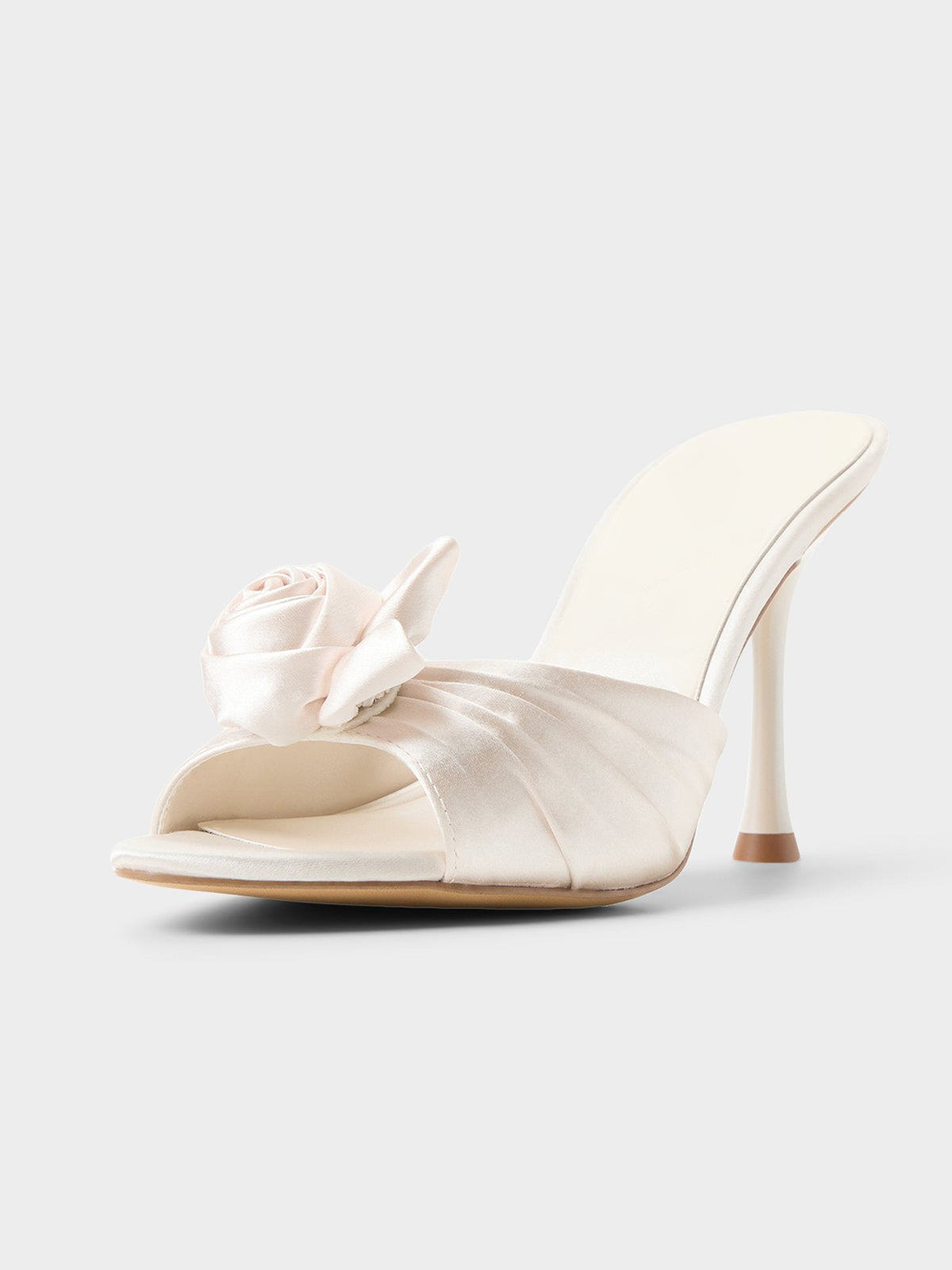 Ivory Satin Peep Round-Toe Front Rose Detail Slip-On High Heels