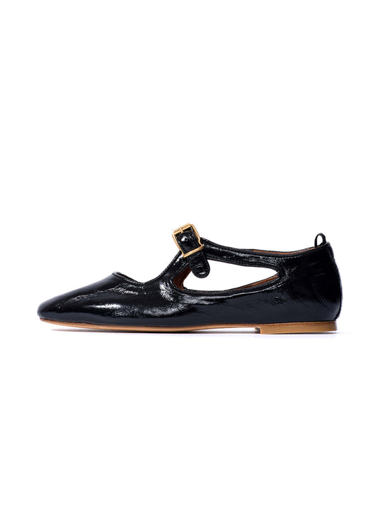 Square-Toe Buckle Strap Chic Flats - Black