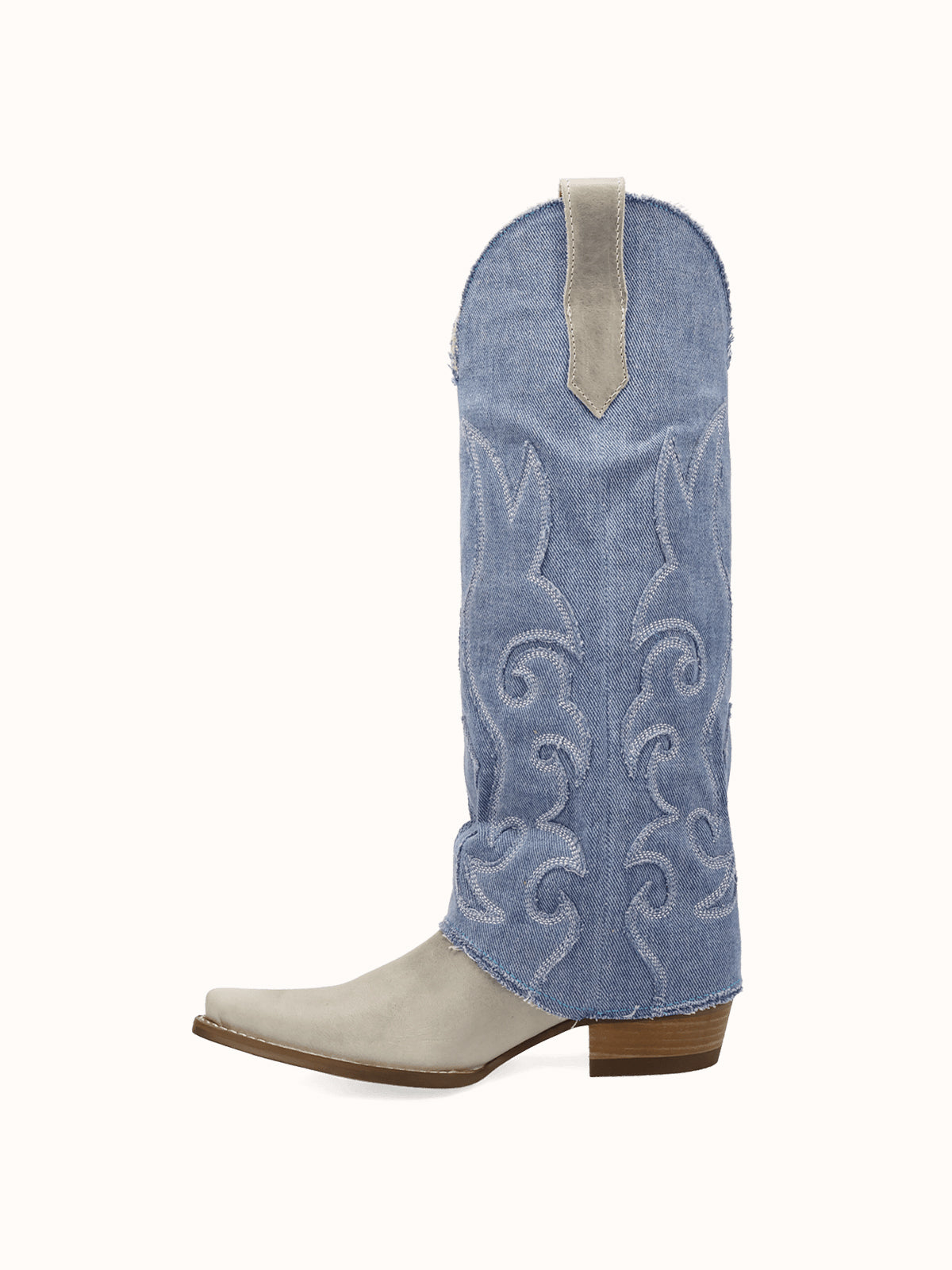 Blue Denim And Bone Snip-Toe Embroidery Fold-Over Wide Calf Knee High Cowgirl Boots
