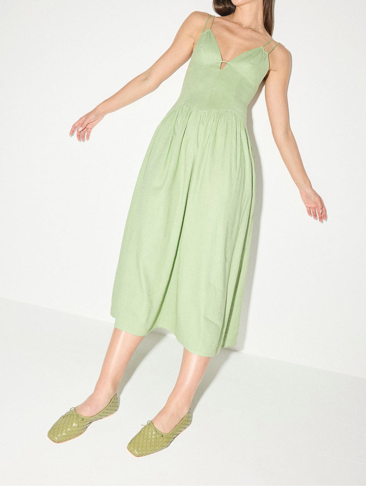 Vegan Leather Woven Square-Toe Bow Ballet Flats - Moss Green