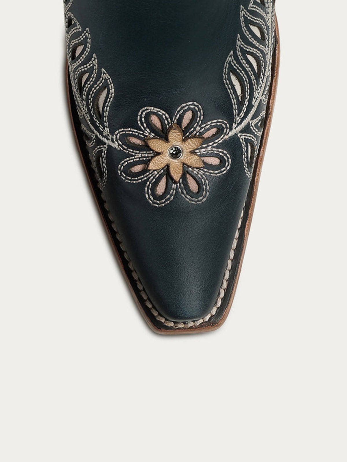 Navy Snip-Toe Leaves Flowers And Bird Inlay Half-Zip Knee High Cowgirl Boots