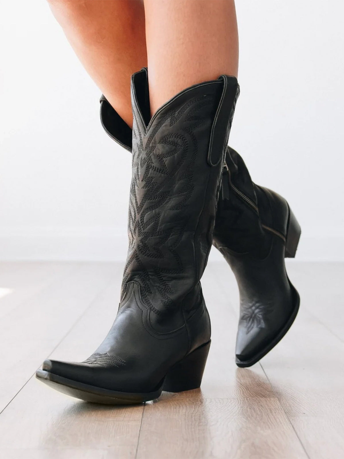 Western Snip-Toe Embroidery Classic Knee High Half-Zip Cowgirl Boots - Black