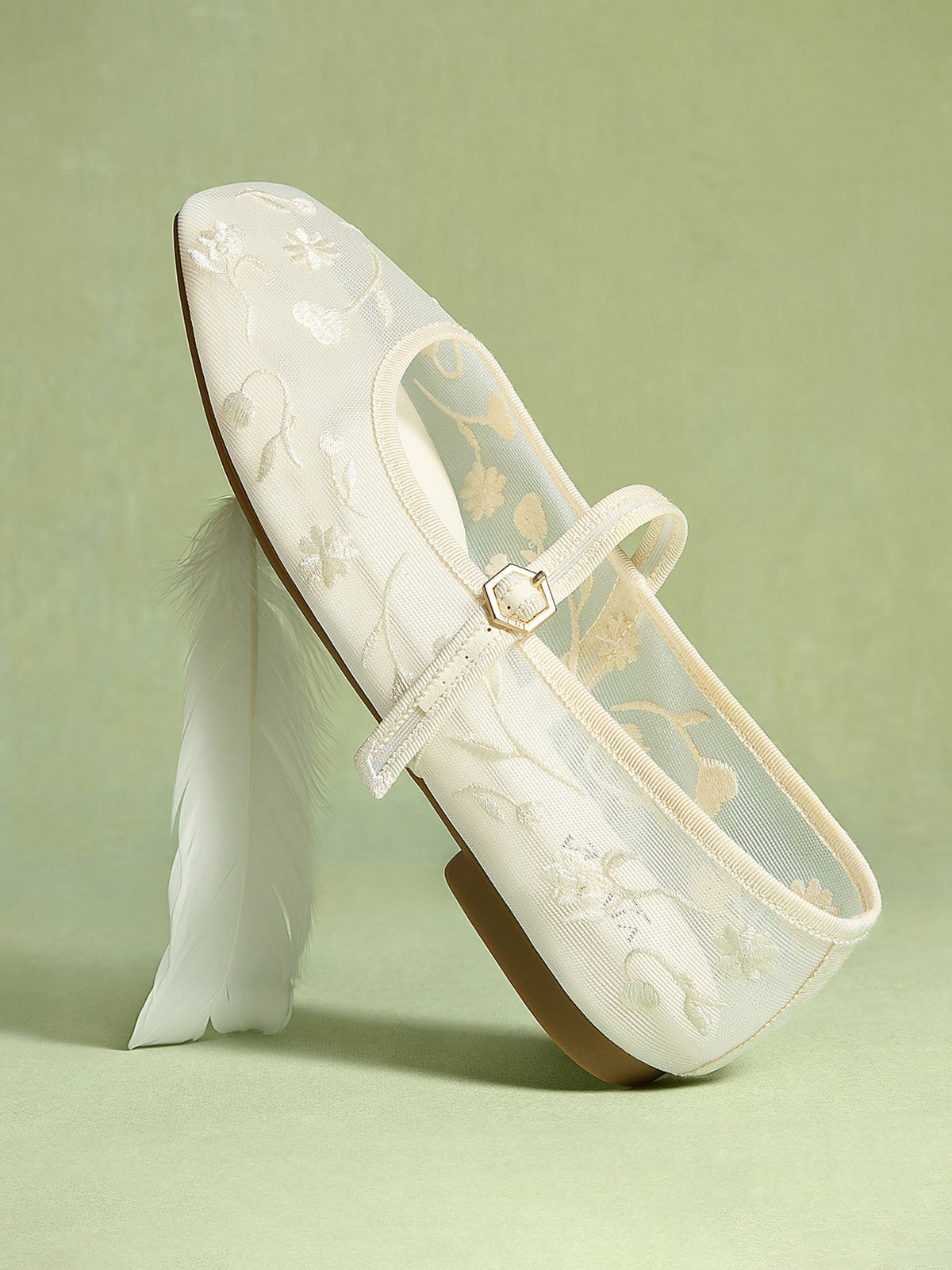 Mesh And Satin Square-Toe Floral Embroidery Mary Jane Flats - Cream