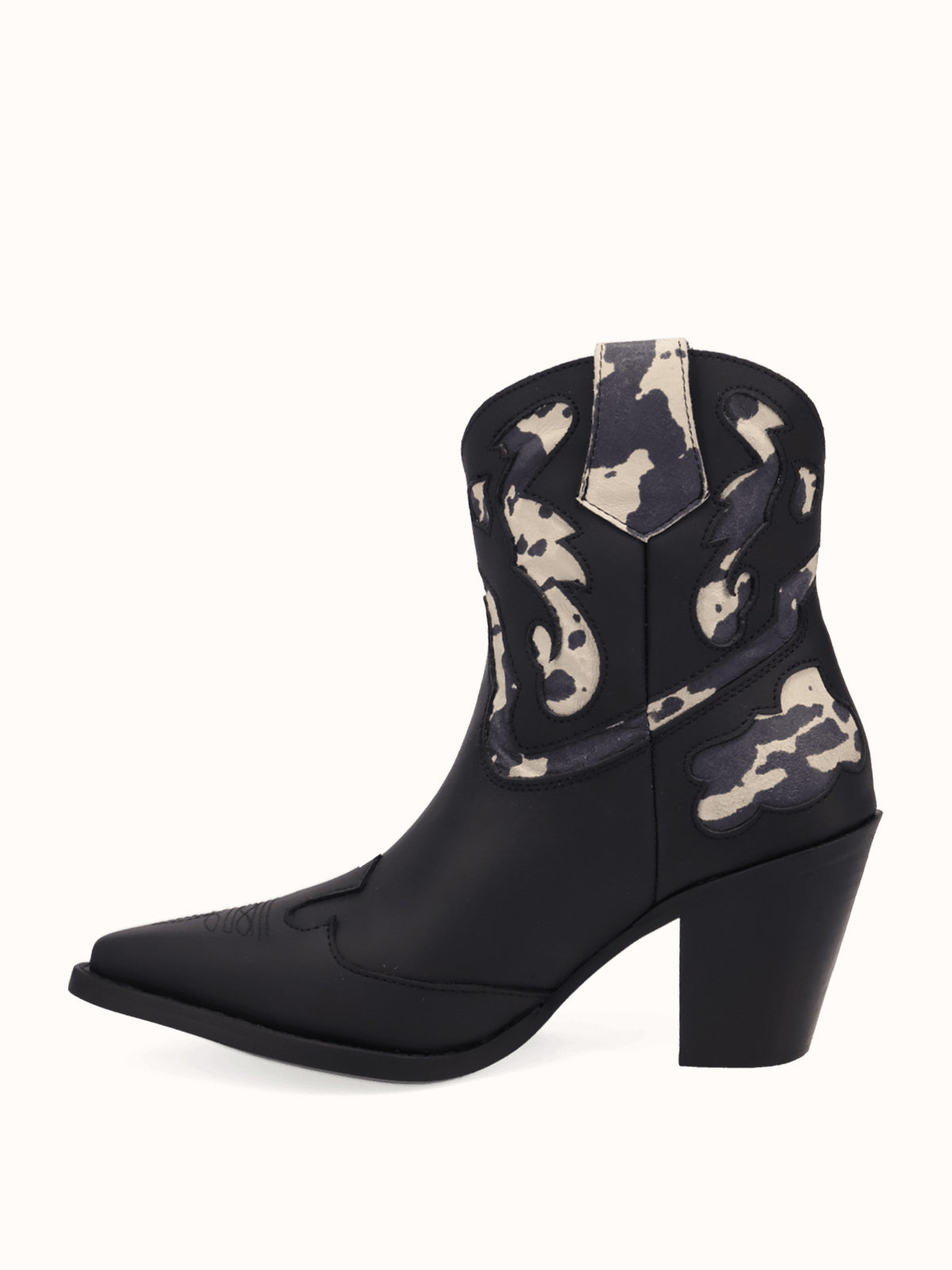 Black And Cow Pattern Snip-Toe Sleek Ankle Cowgirl Boots