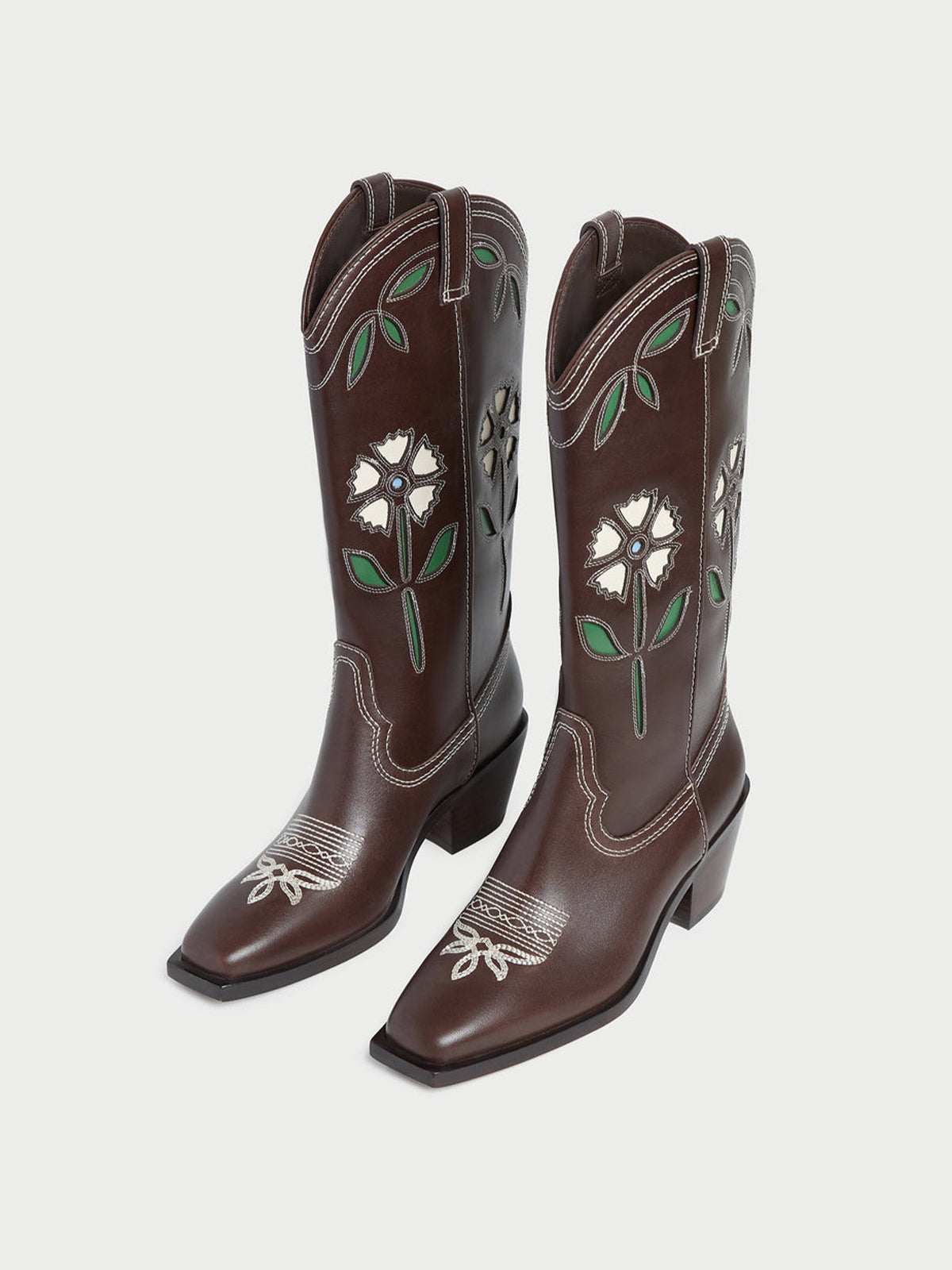 Coffee Square-Toe White Flowers Inlay Chic Mid Calf Cowgirl Boots