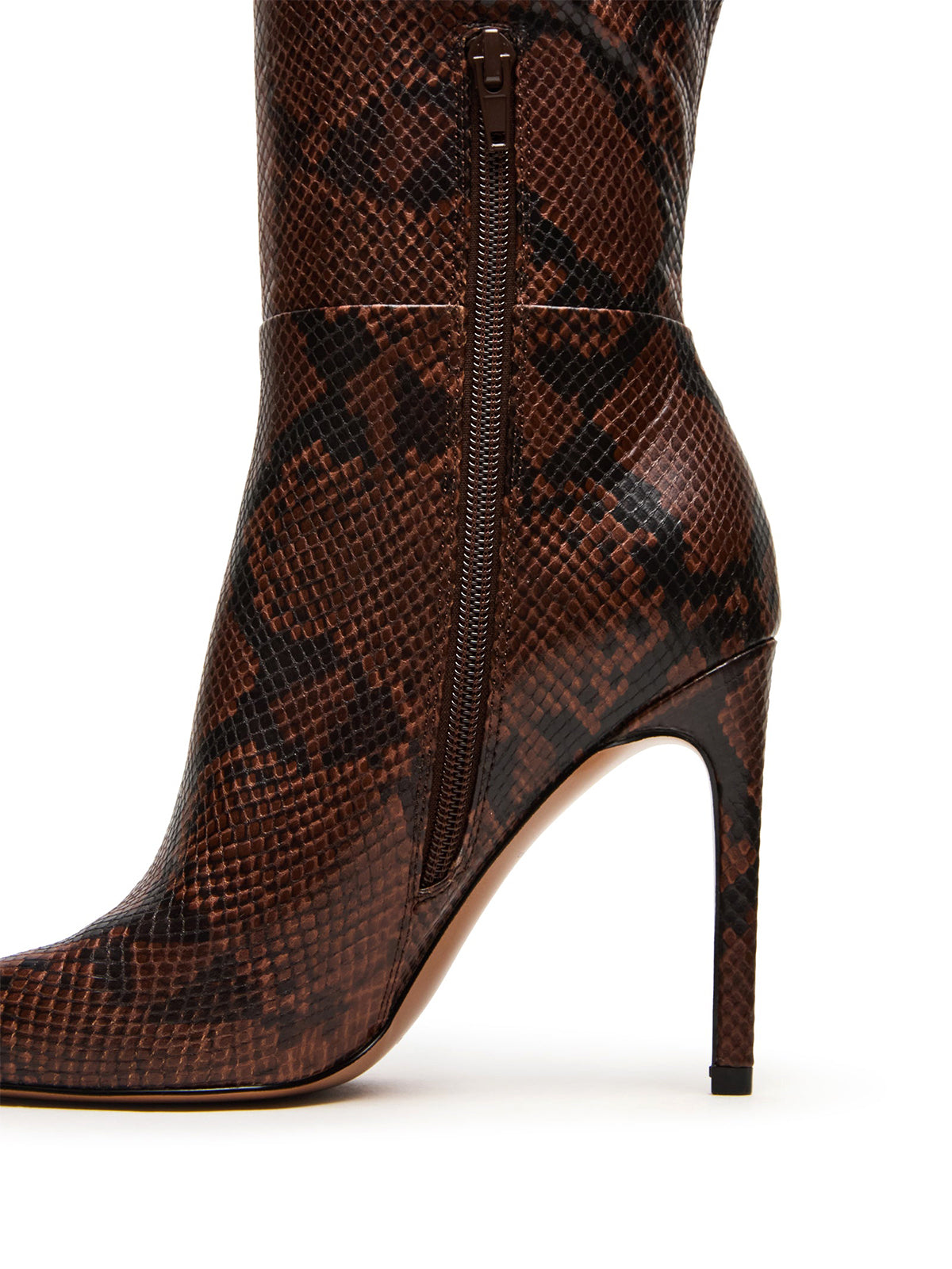 Brown Snakeskin Pattern Pointed-Toe Half-Zip Knee High Stiletto Boots