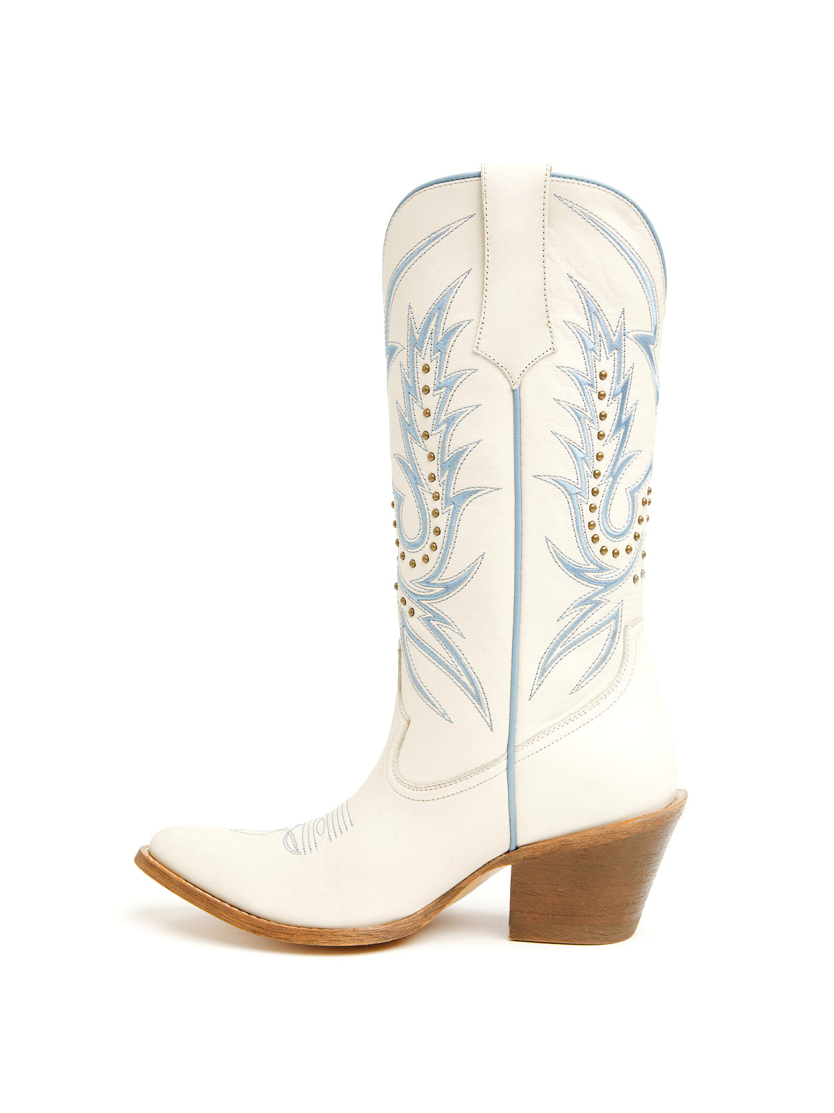 Ivory Round-Toe Chic Embroidery And Studs Mid Calf Cowgirl Boots